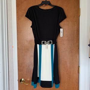 Sandra Darren Black/White/Blue Dress with Belt